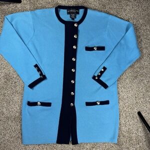 VTG Adrienne Vittadini Blue Cardigan Sweater Lambs Wool & Angora Blend Size L